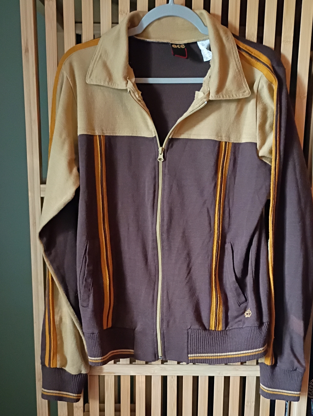 Vintage 70s/90s Style Ace Brand Retro Track Jacket - Brown, Tan & Yellow Stripe